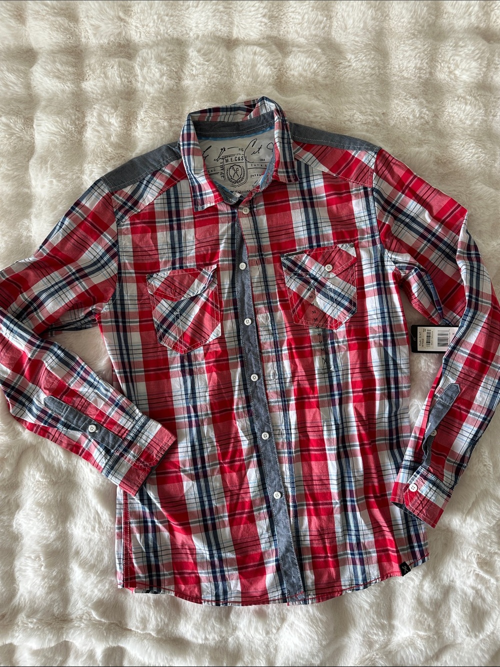 Marc Ecko Red and Navy Plaid Long-Sleeve Button-Down Shirt